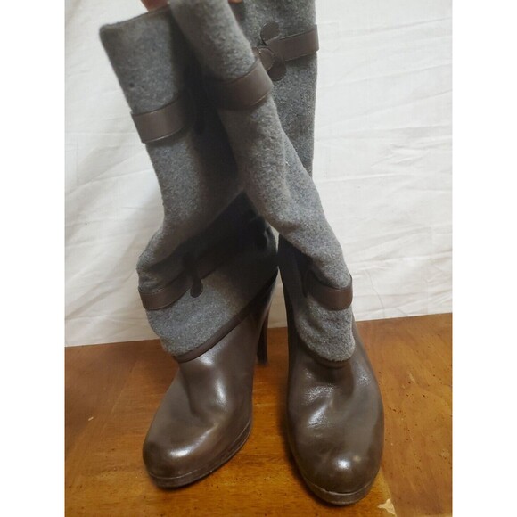 Cole Haan Nikeair Kennedy Stiletto Heel Brown Leather Gray Wool Boots Size 8 B - Picture 2 of 7